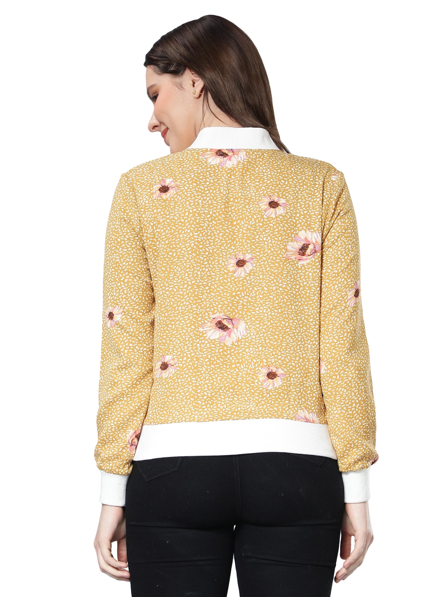 NUEVOSDAMAS Women Floral Printed Mustard Bomber Jacket