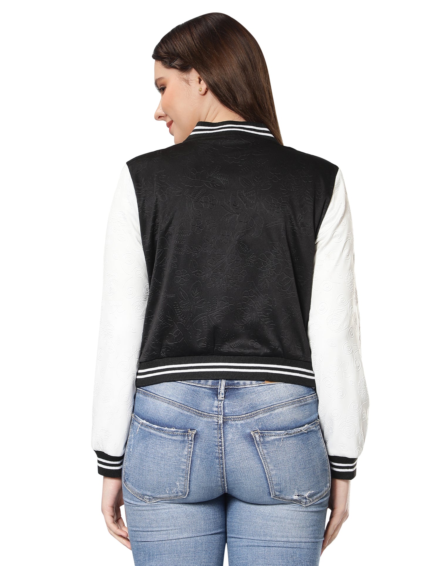 NUEVOSDAMAS Women Black Floral Embossed Printed Varsity Jacket