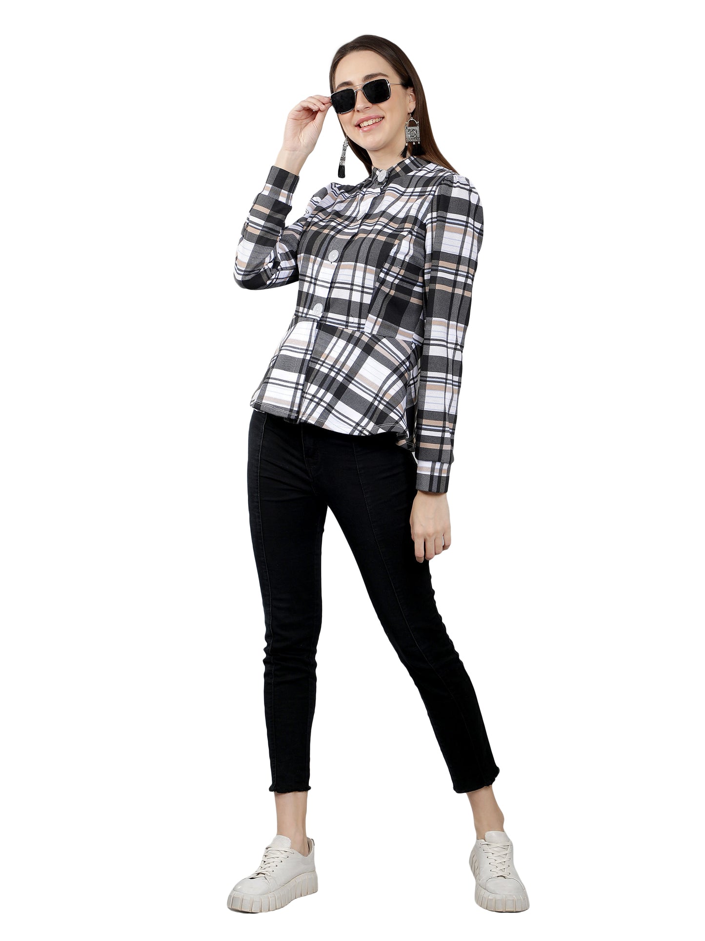 NUEVOSDAMAS Women Check Printed Peplum Jacket-White/Black