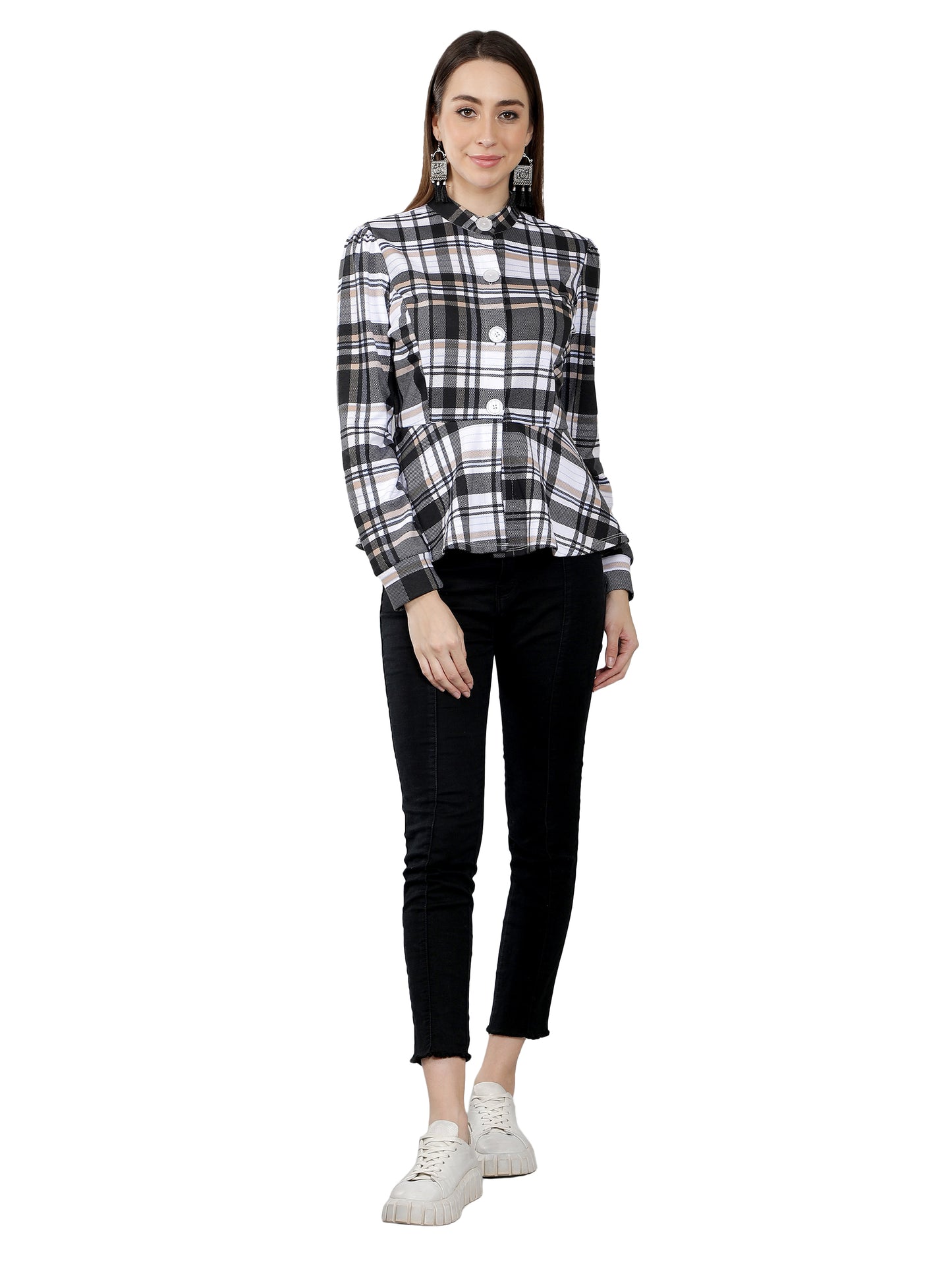 NUEVOSDAMAS Women Check Printed Peplum Jacket-White/Black