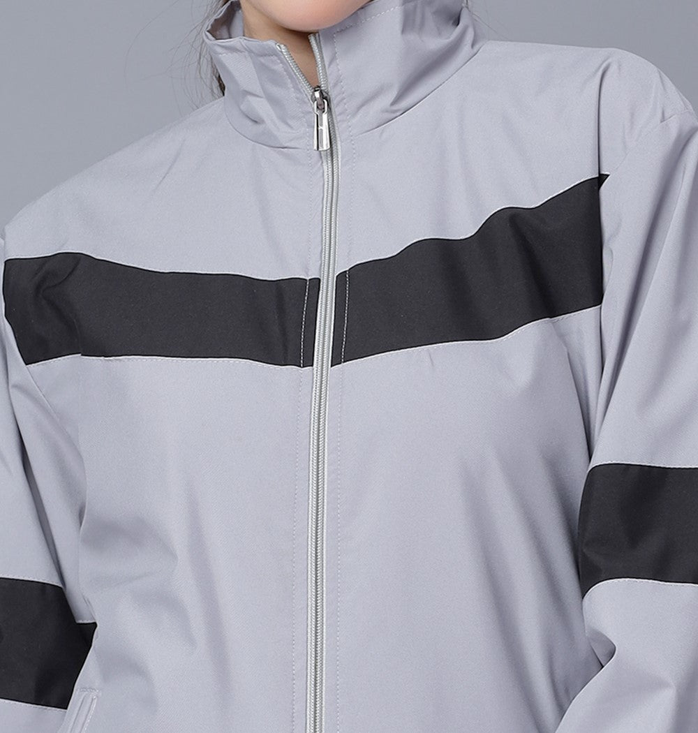 NUEVOSDAMAS Women Solid Grey Stripes Bomber Jacket