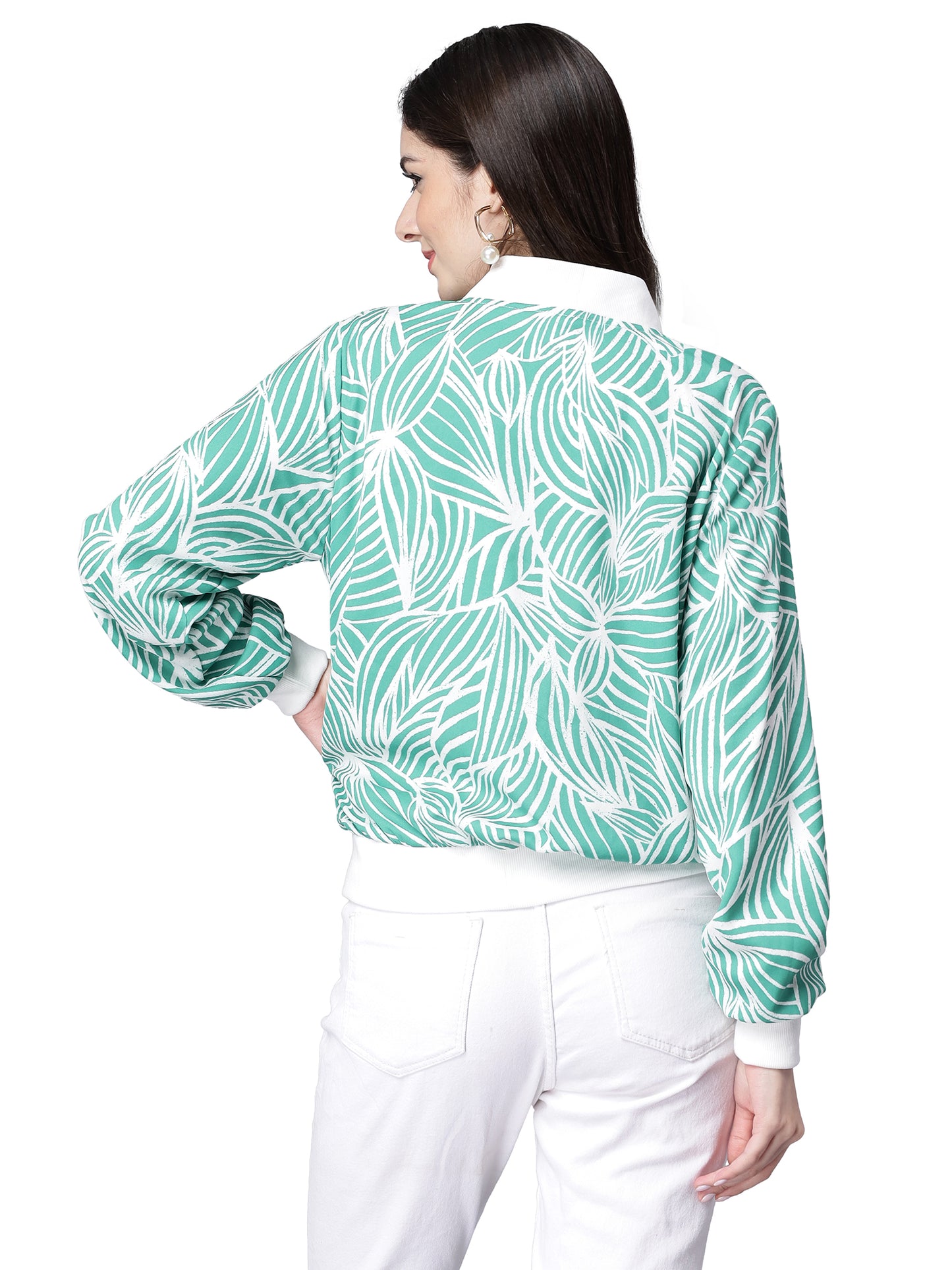 NUEVOSDAMAS Women Leaf Printed Green & White Bomber Jacket