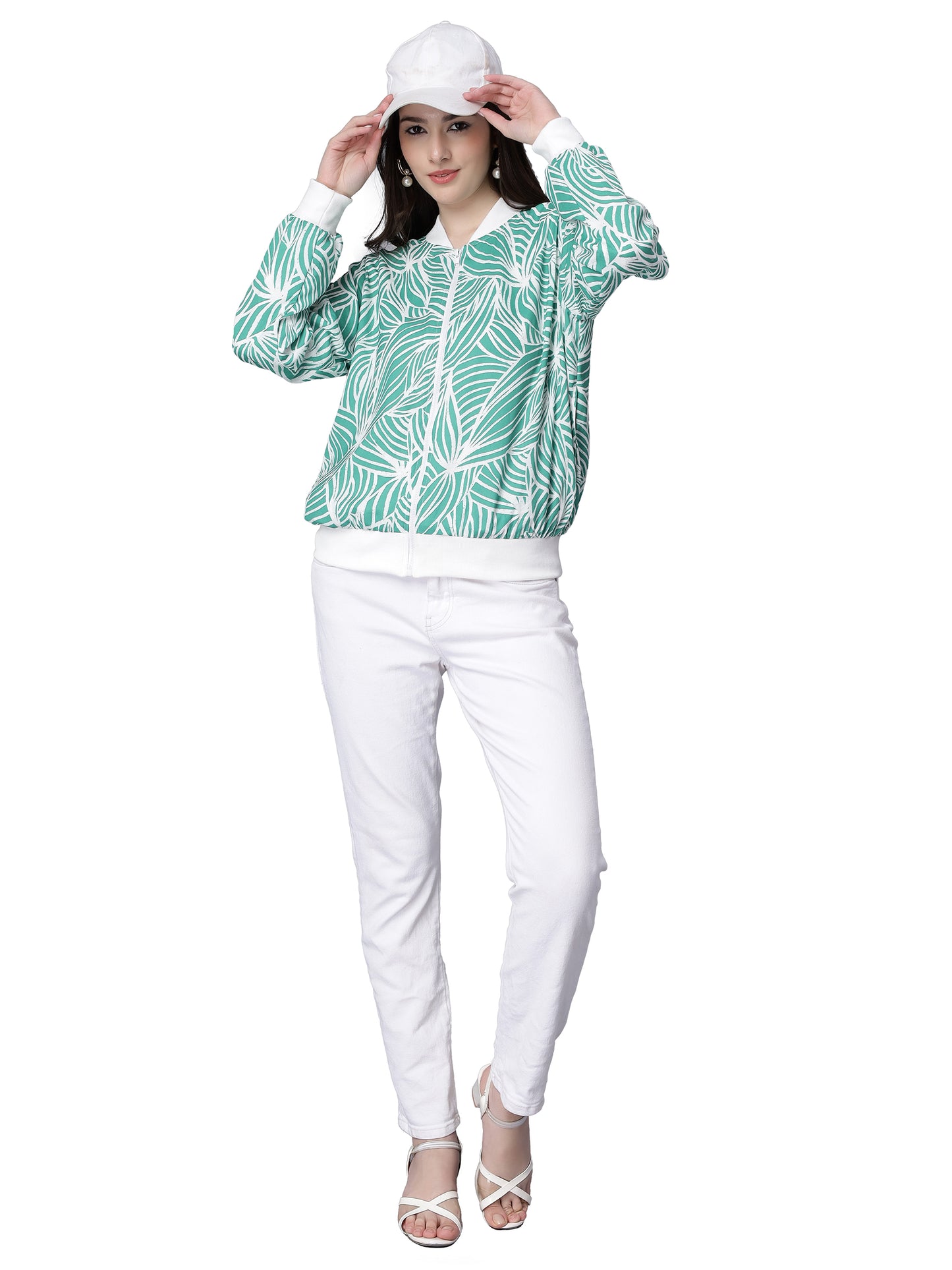 NUEVOSDAMAS Women Leaf Printed Green & White Bomber Jacket