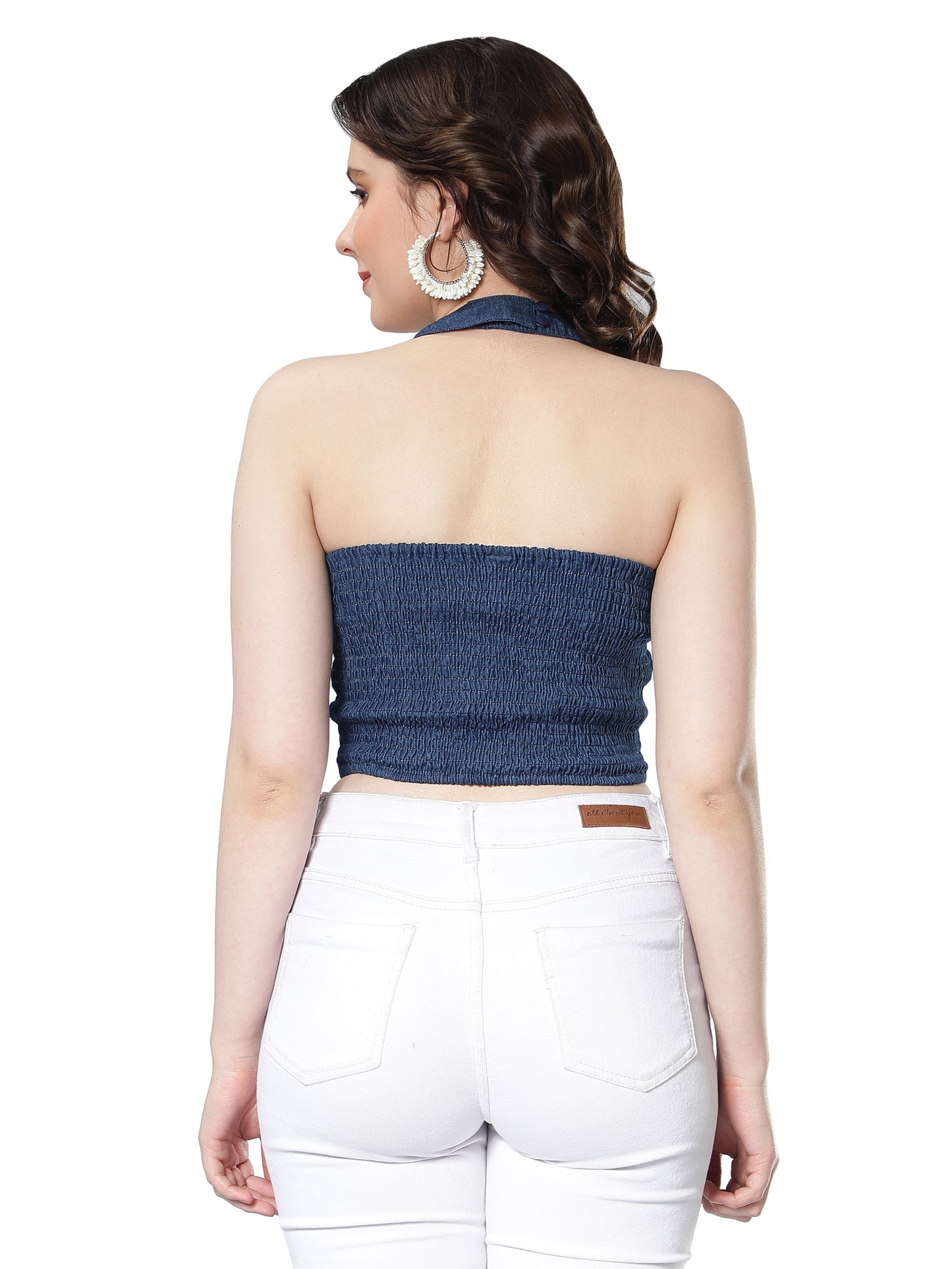 NUEVOSDAMAS Women Denim Halter Neck Crop Top Blue