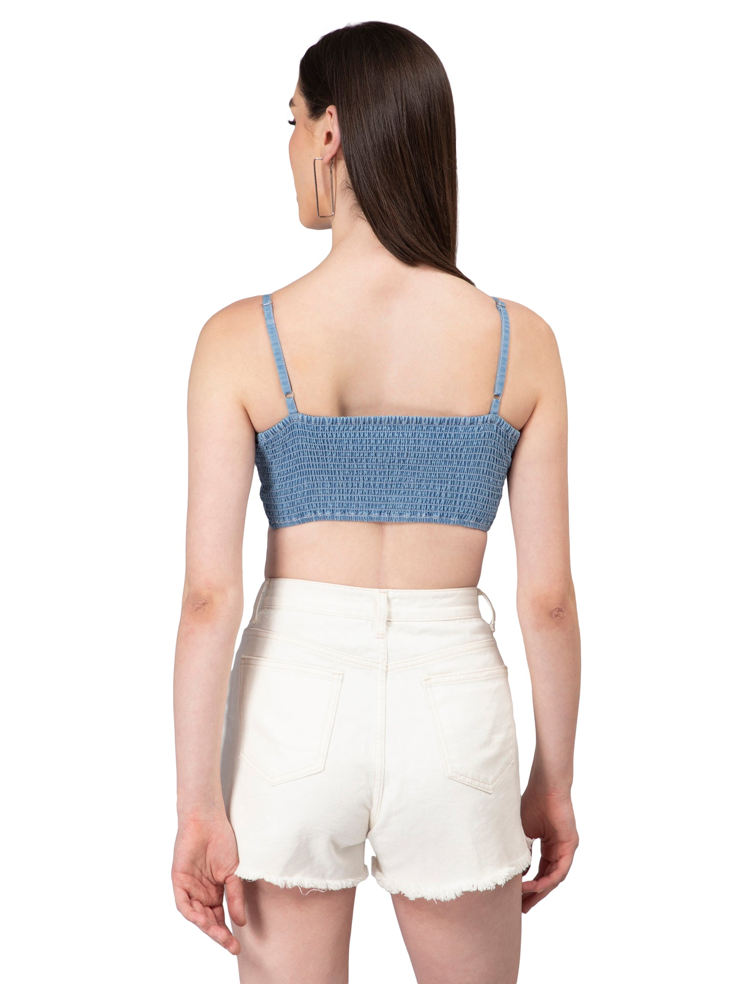 NUEVOSDAMAS Women Enzyme Washed Light Blue Denim Brallete Sleeveless Top
