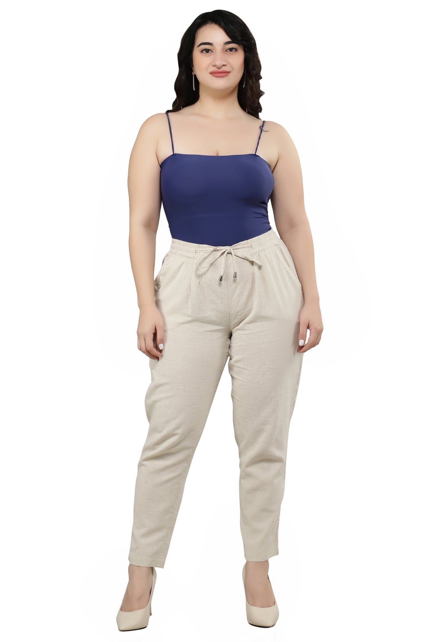 NUEVOSDAMAS Women Regular Fit Cotton Blend Beige Trousers