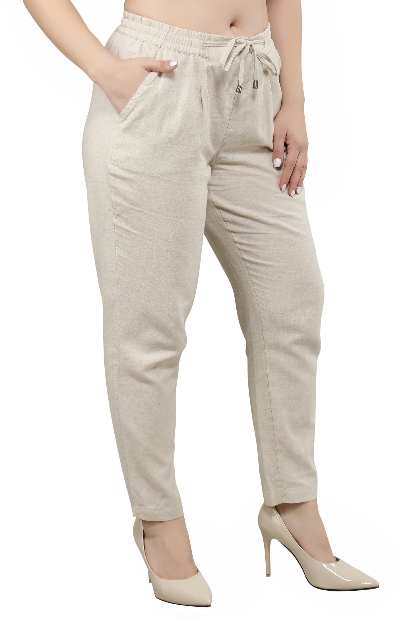 NUEVOSDAMAS Women Regular Fit Cotton Blend Beige Trousers