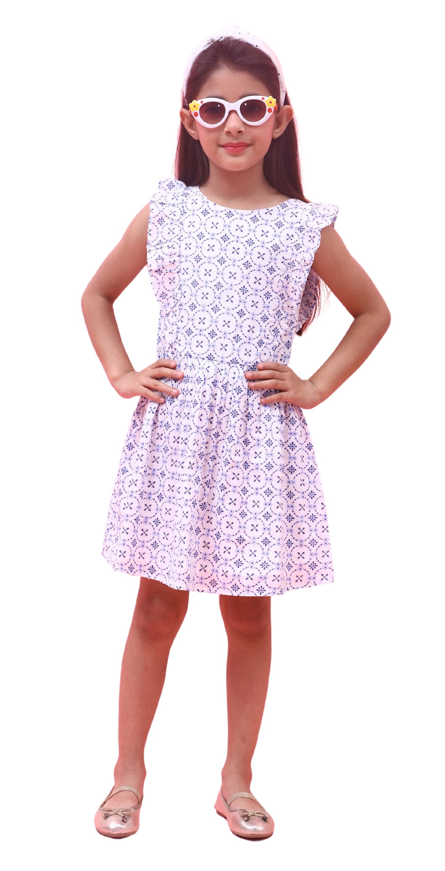 NUEVOSKIDDOS Kids Cotton Dobby Damask Printed Frock for Girl White/Blue
