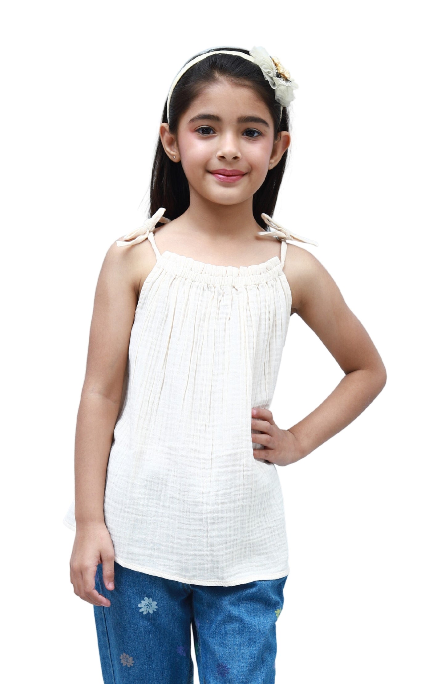NUEVOSKIDDOS Kids Cotton Gauze Gathered A Line Sleeveless Top Ivory