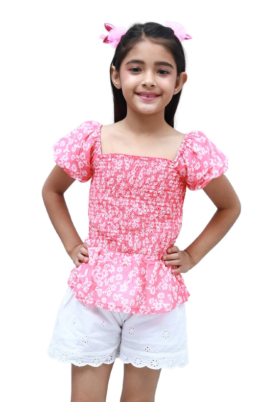 NUEVOSKIDDOS Kids Pink Georgette Puff Sleeves Smocking Top