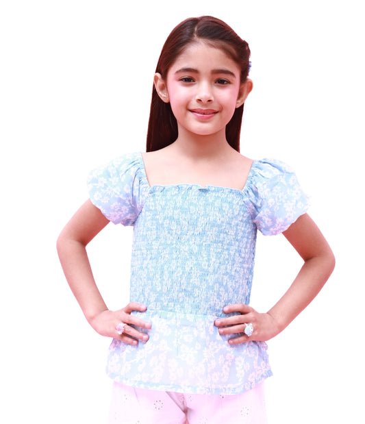 NUEVOSKIDDOS Kids Blue Georgette Puff Sleeves Smocking Top