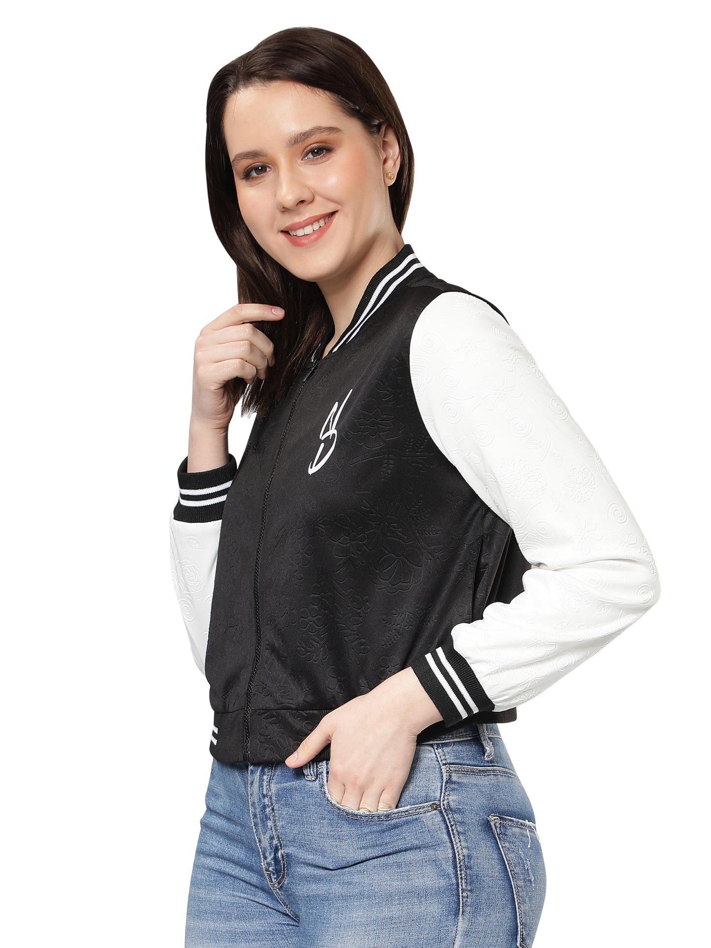 NUEVOSDAMAS Women Black Floral Embossed Printed Varsity Jacket