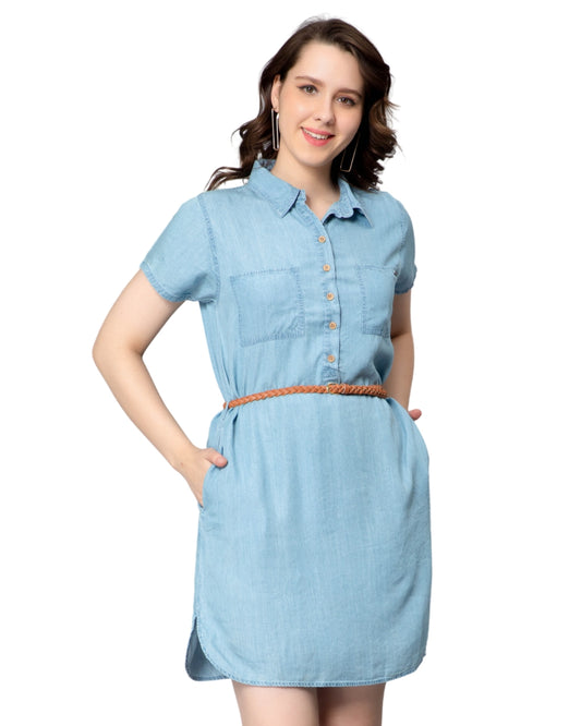 NUEVOSDAMAS Women Denim Long Shirt Style Midi Dress Light Blue