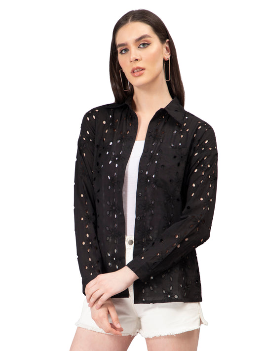 NUEVOSDAMAS Women Pure Cotton Self Design Schiffli Embroidered Shirt Black