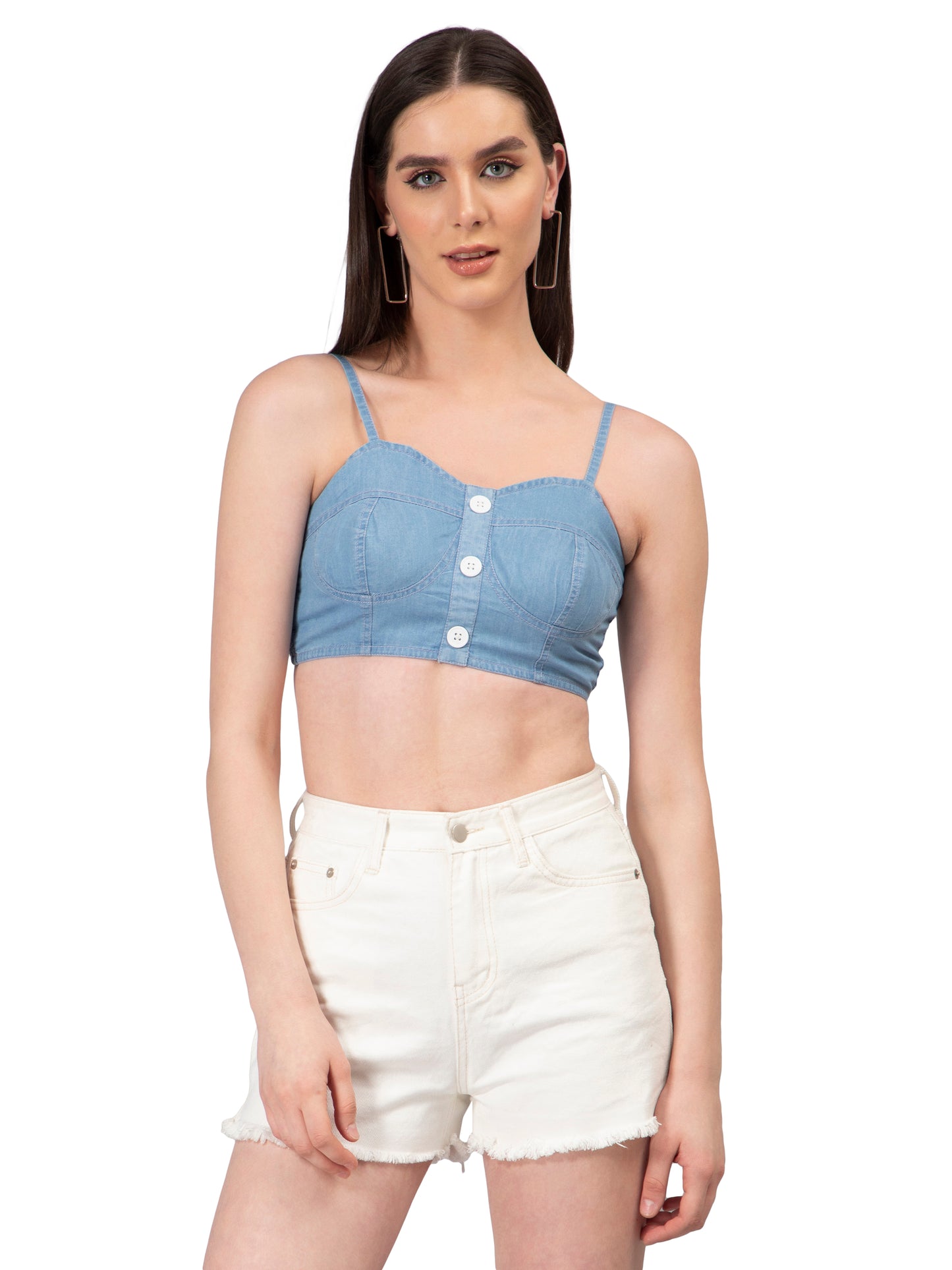 NUEVOSDAMAS Women Enzyme Washed Light Blue Denim Brallete Sleeveless Top