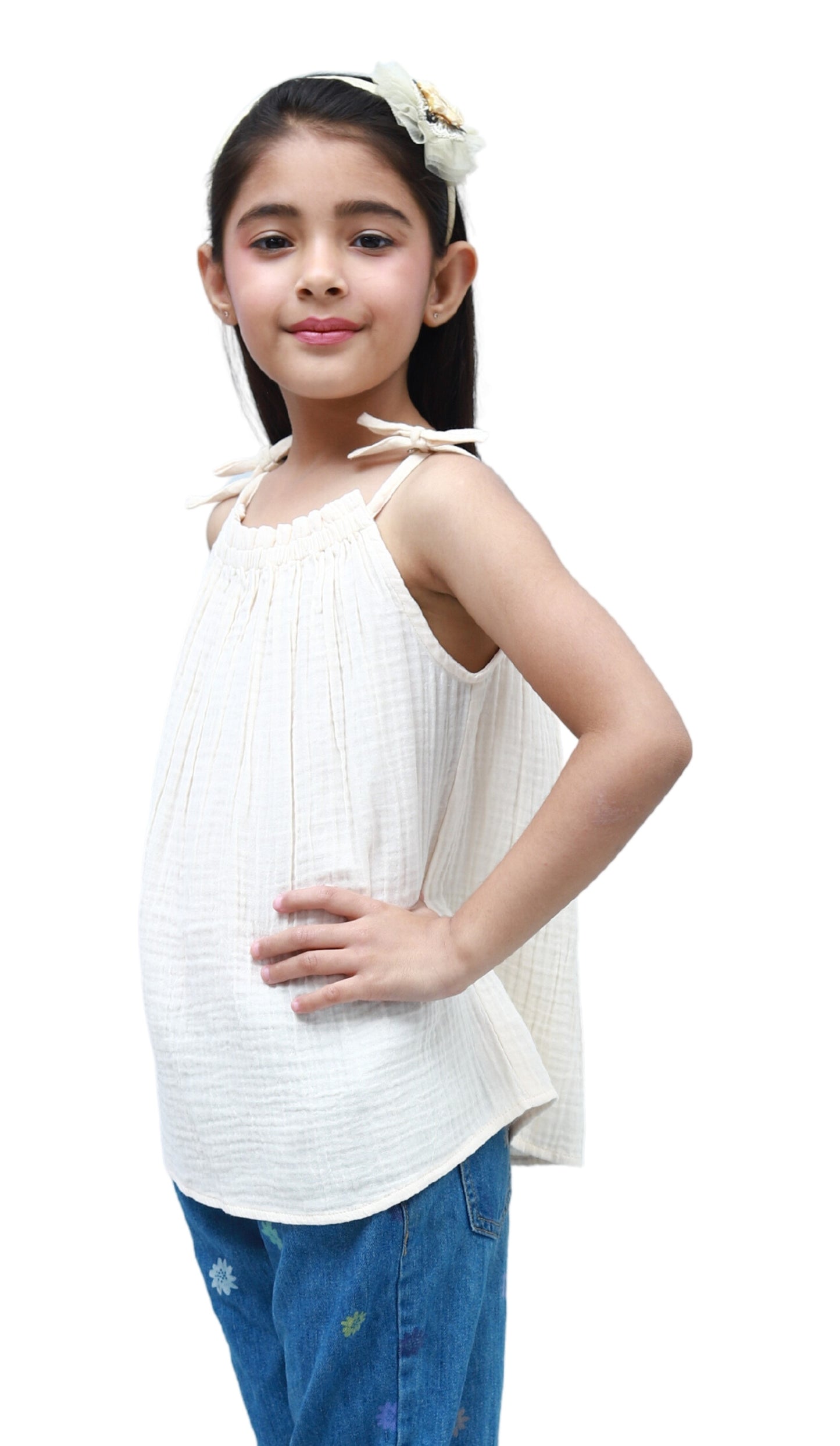 NUEVOSKIDDOS Kids Cotton Gauze Gathered A Line Sleeveless Top Ivory