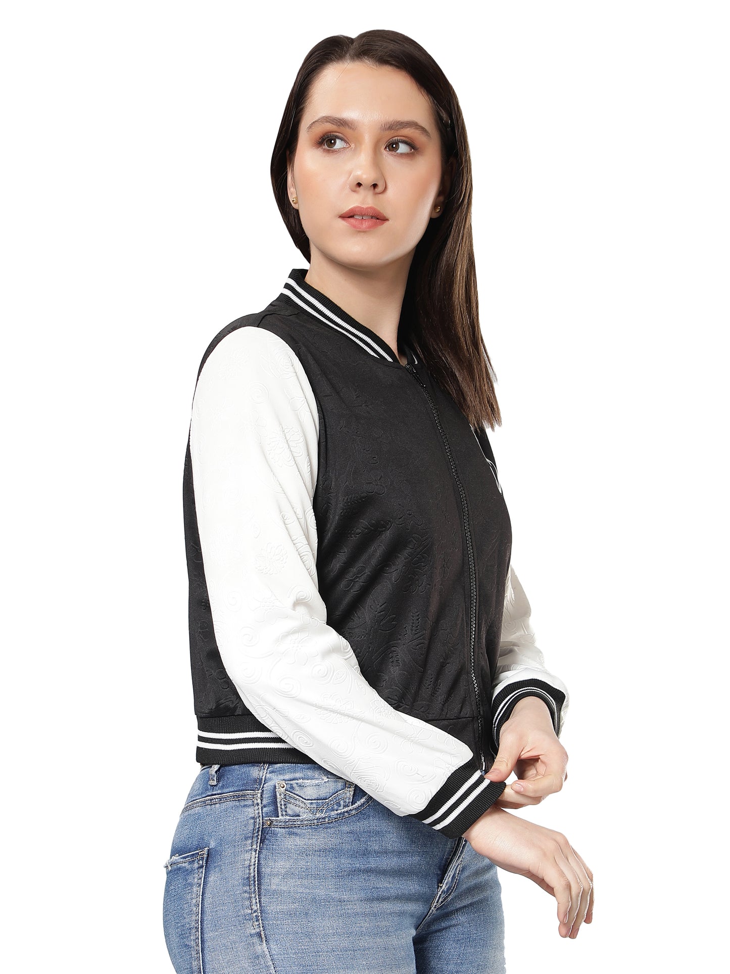 NUEVOSDAMAS Women Black Floral Embossed Printed Varsity Jacket