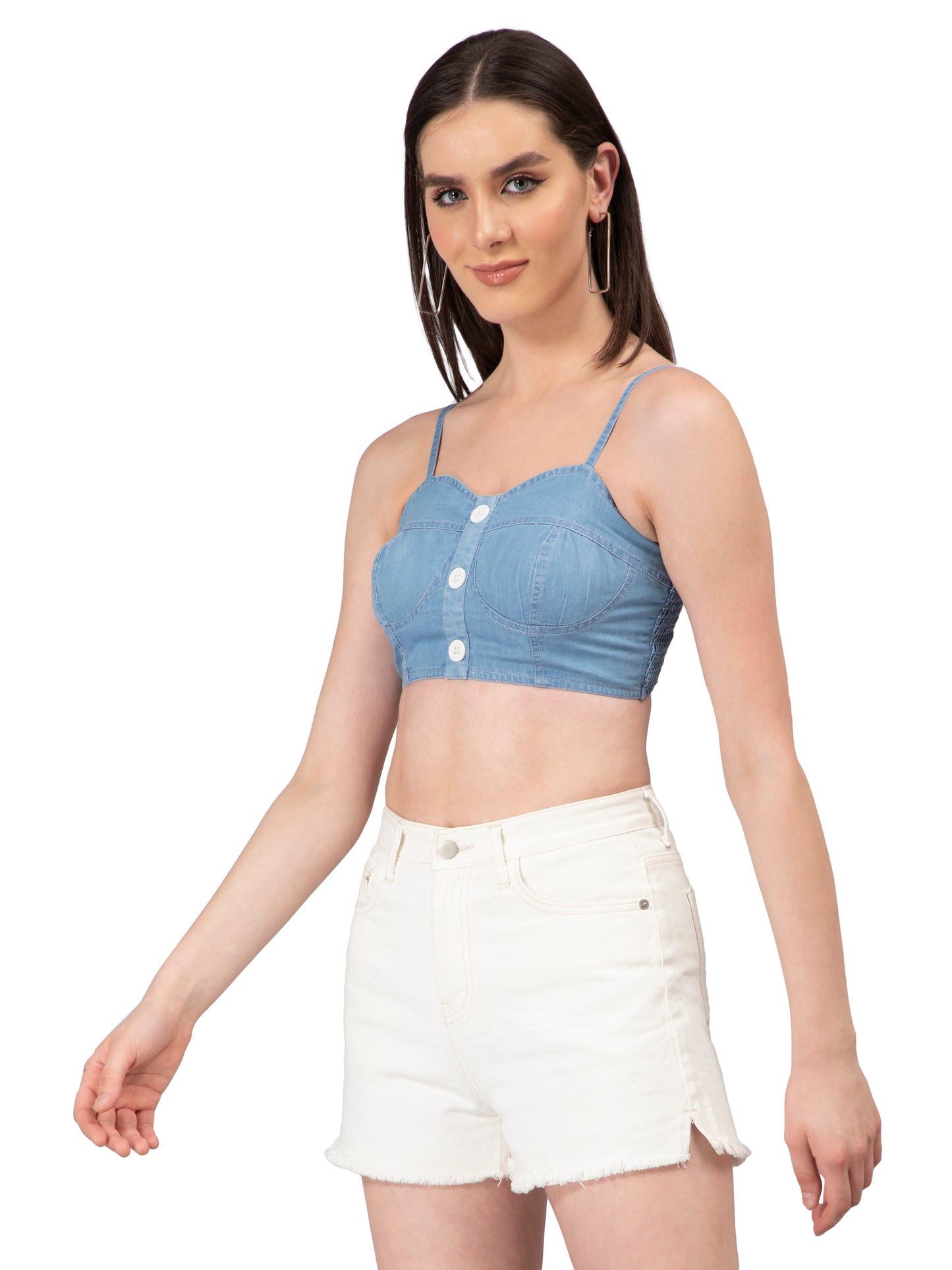 NUEVOSDAMAS Women Enzyme Washed Light Blue Denim Brallete Sleeveless Top