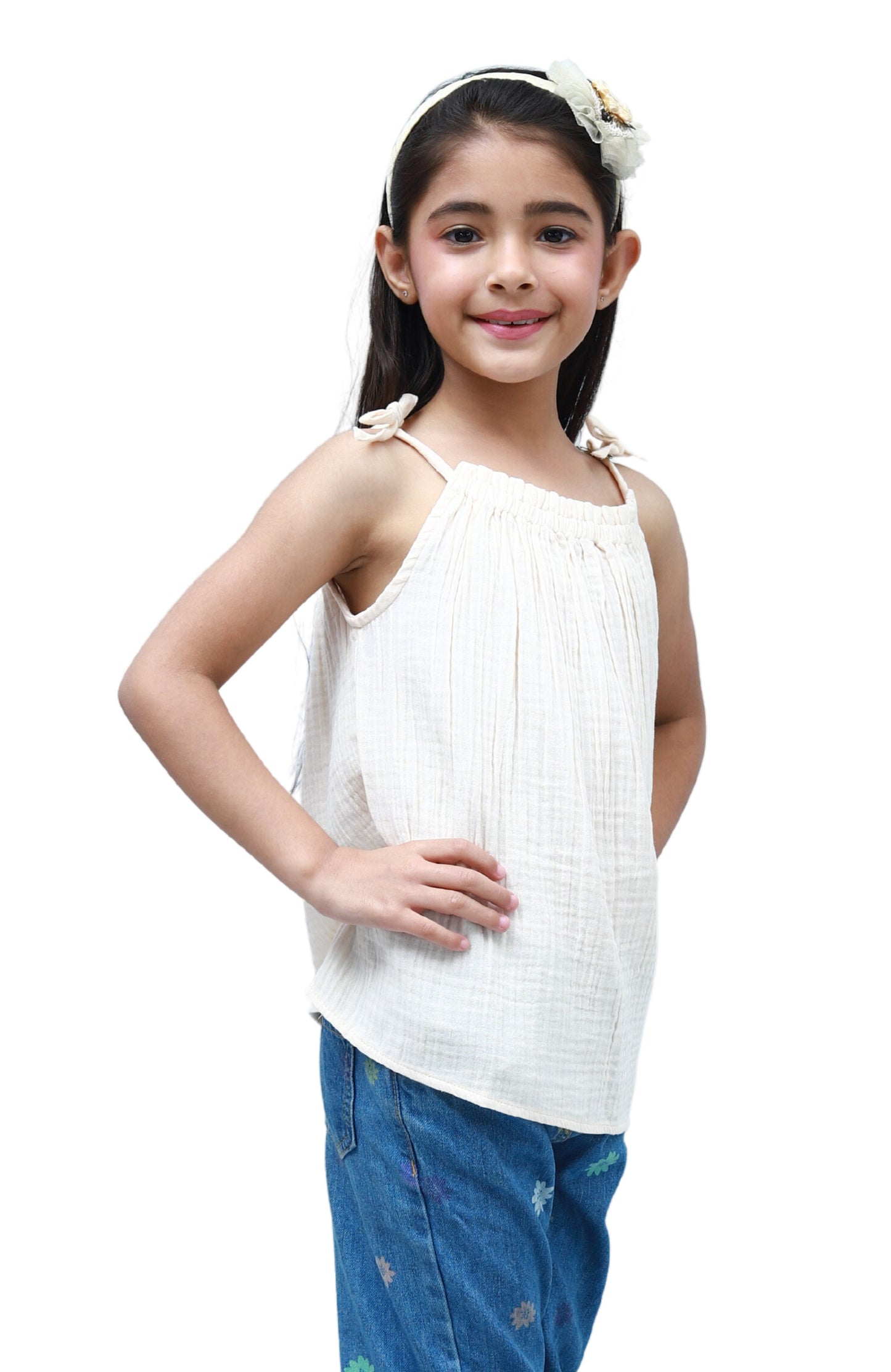 NUEVOSKIDDOS Kids Cotton Gauze Gathered A Line Sleeveless Top Ivory
