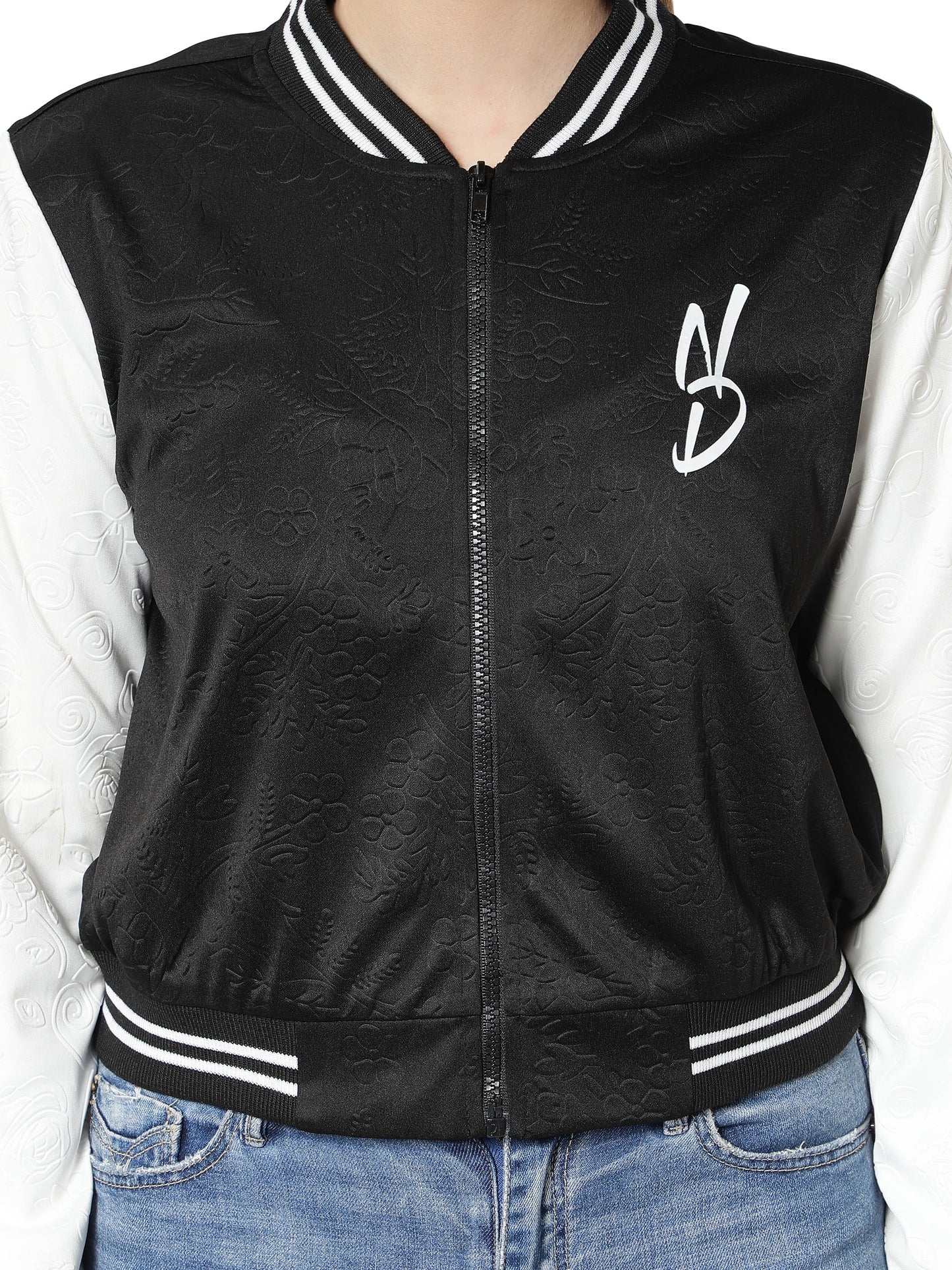 NUEVOSDAMAS Women Black Floral Embossed Printed Varsity Jacket