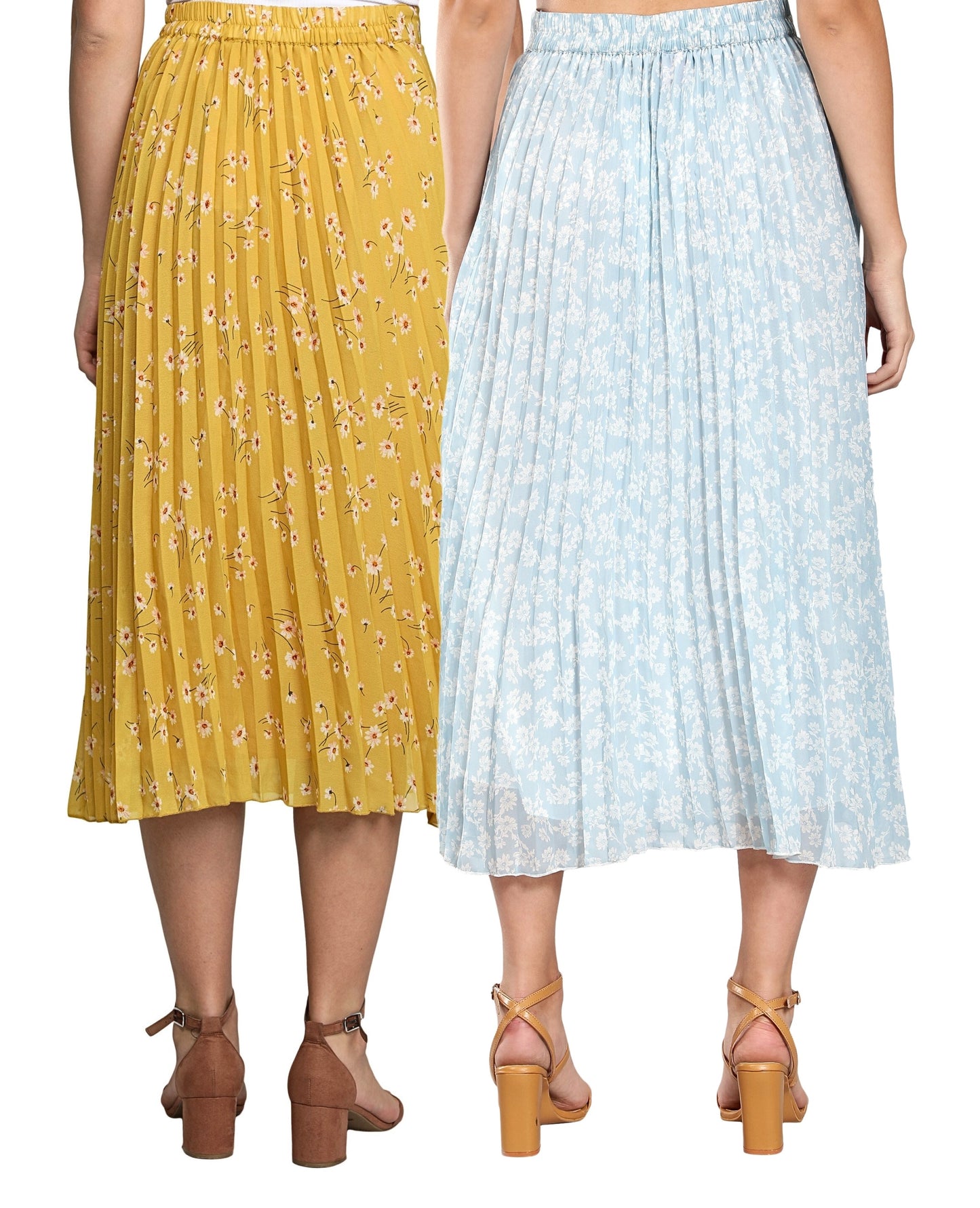 Women Georgette Floral Printed Skirts-Pack of Two-Yellow and Sky Blue