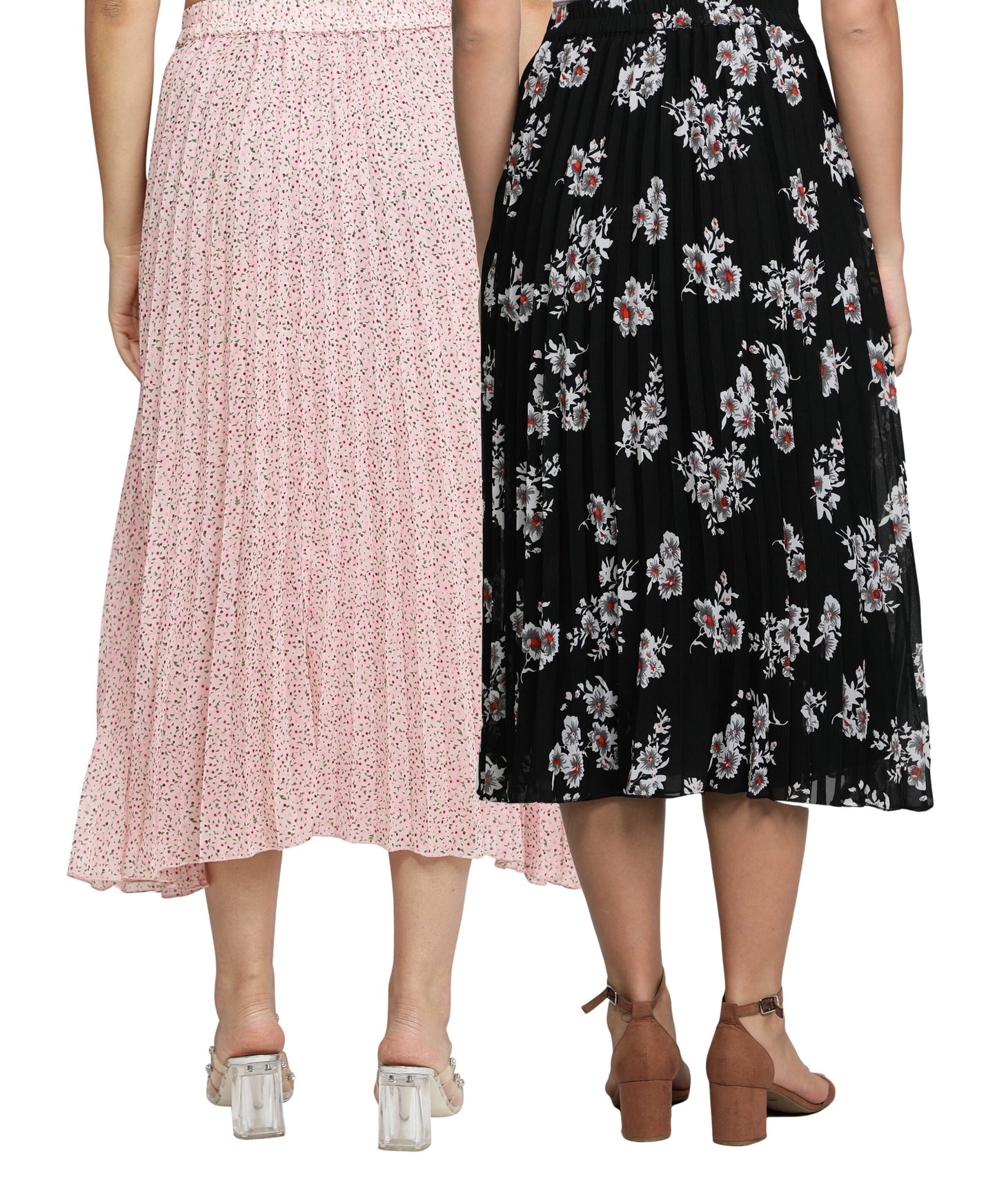 NUEVOSDAMAS Women Georgette Floral Printed Skirts-Pack of Two-Pink and Black