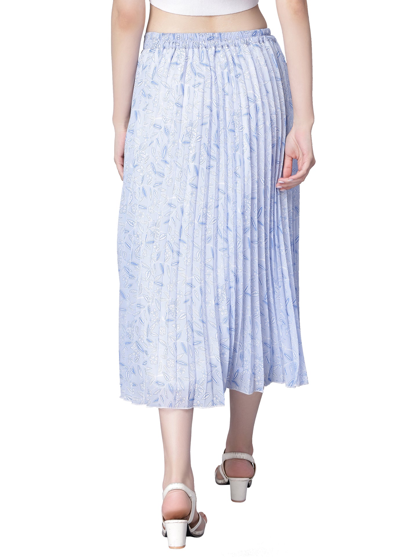 Women's Ditsy Floral Print High Waist Skirt Pleated A-line Long Skirt Beach Elasticated Sky Blue Midi Skirt