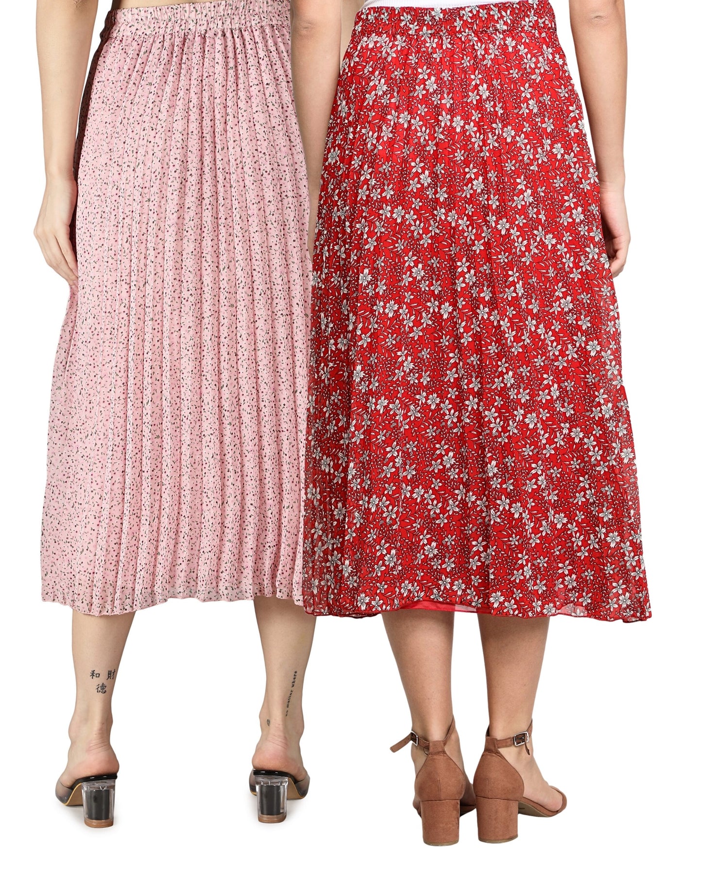 NUEVOSDAMAS Women Georgette Floral Printed Skirts-Pack of Two-Pink and Red