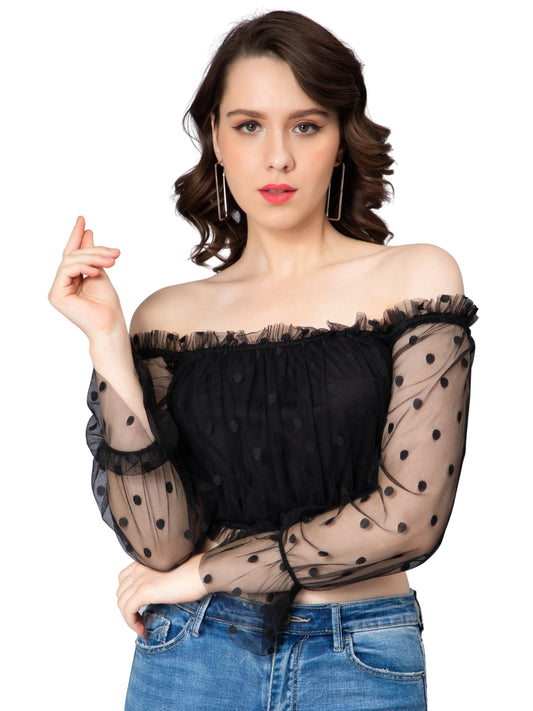 NUEVOSDAMAS Women Polka Dot Black Off Shoulder Full Sleeve Crop Top