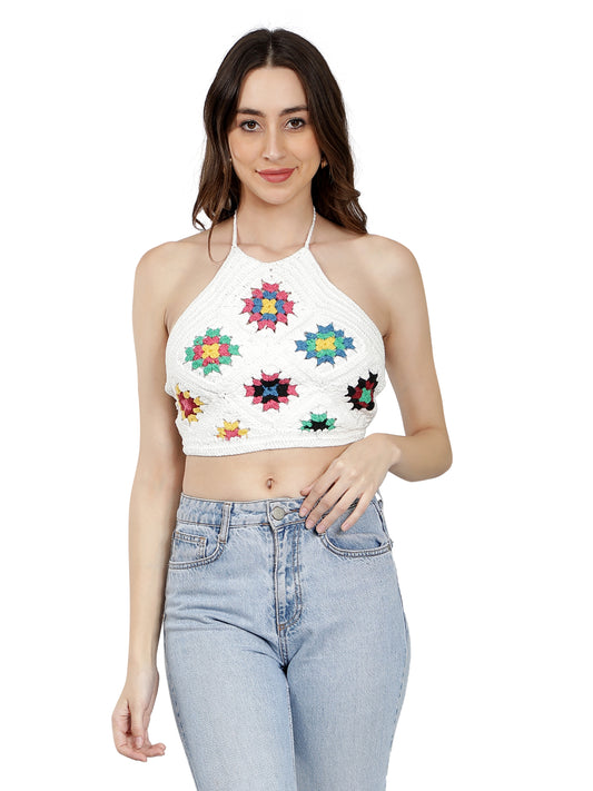 NUEVOSDAMAS Women Cotton Handmade Crochet Blouson Top White/Multi
