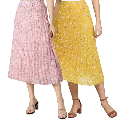 NUEVOSDAMAS Women Georgette Floral Printed Skirts-Pack of Two-Pink and Yellow