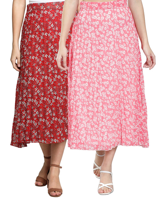 NUEVOSDAMAS Women Georgette Floral Printed Skirts-Pack of Two-Red and Pink