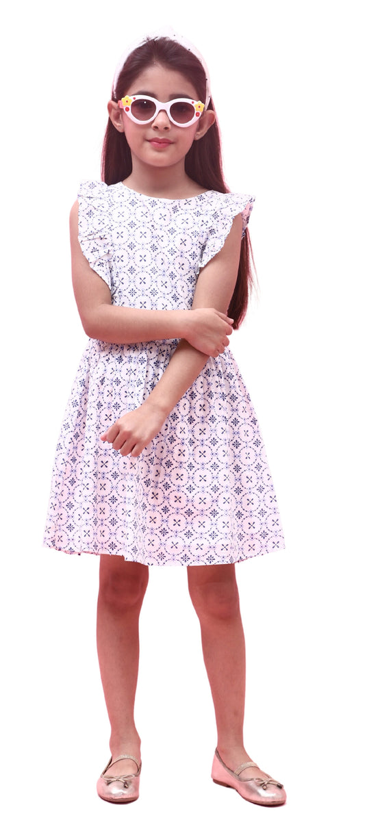 NUEVOSKIDDOS Kids Cotton Dobby Damask Printed Frock for Girl White/Blue