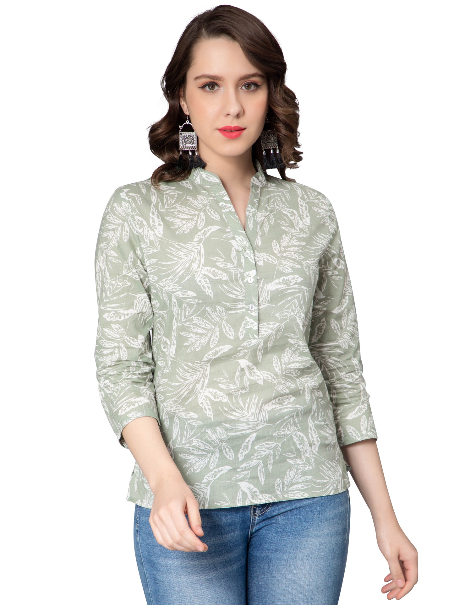NUEVOSDAMAS Women Cotton Tropical Print Light Green Kurta Top