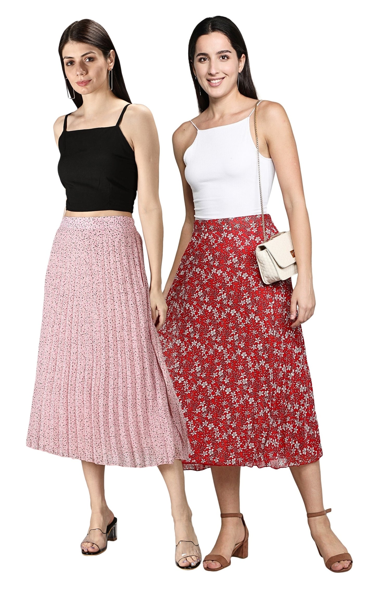 NUEVOSDAMAS Women Georgette Floral Printed Skirts-Pack of Two-Pink and Red