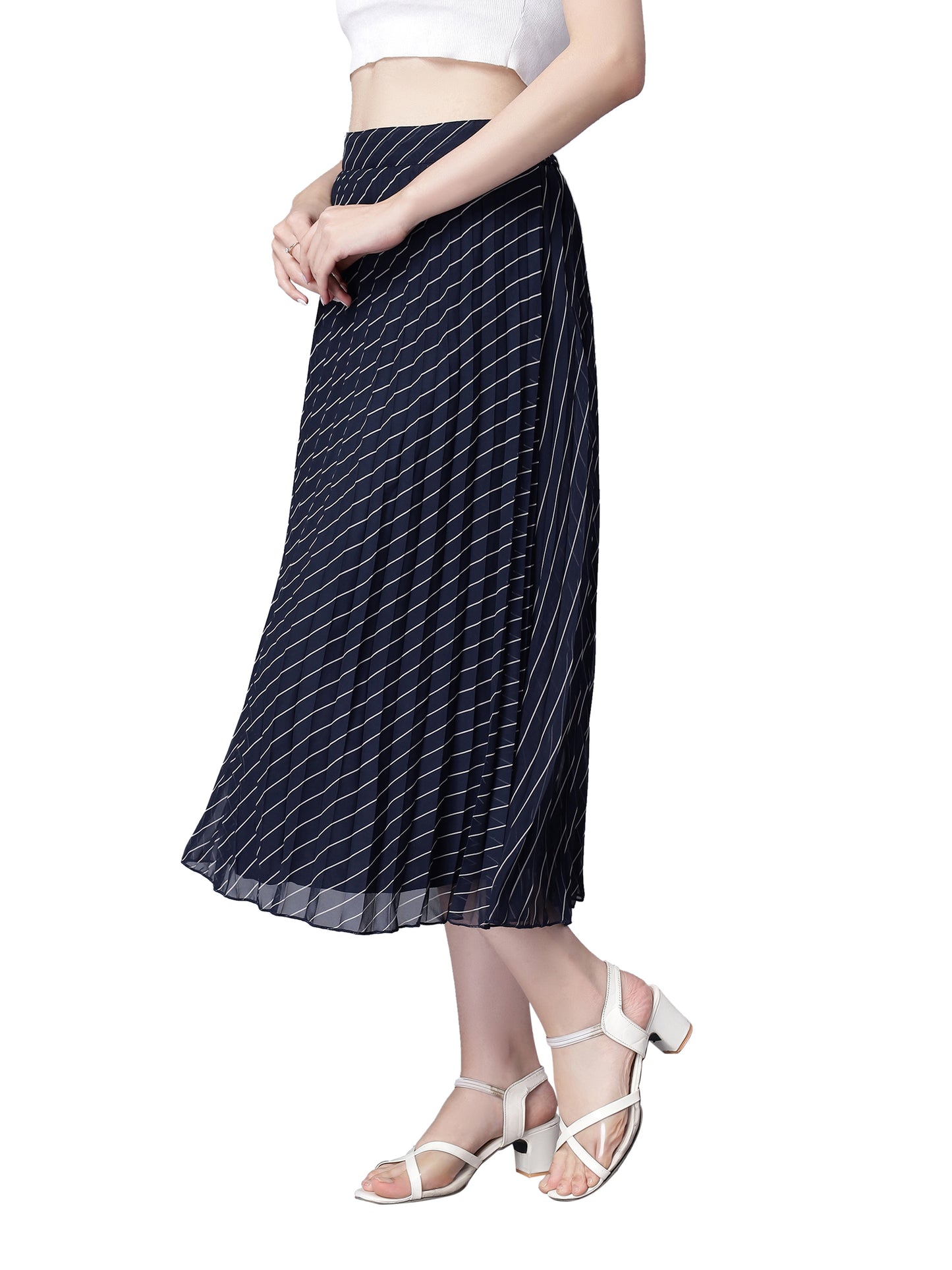 Women's Stripe Print High Waist Skirt Pleated A-line Long Skirt Beach Elasticated Navy Blue Midi Skirt