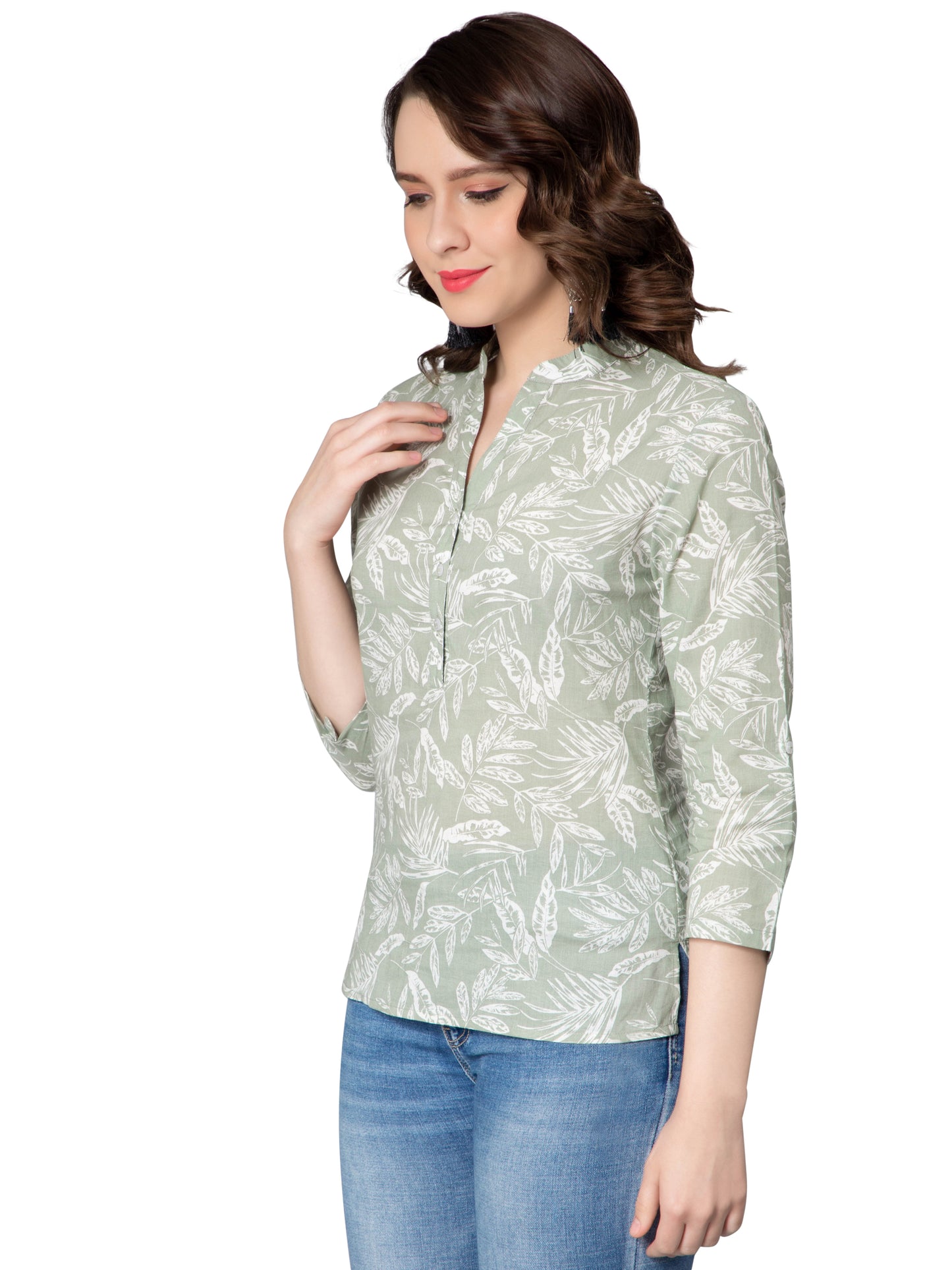 NUEVOSDAMAS Women Cotton Tropical Print Light Green Kurta Top