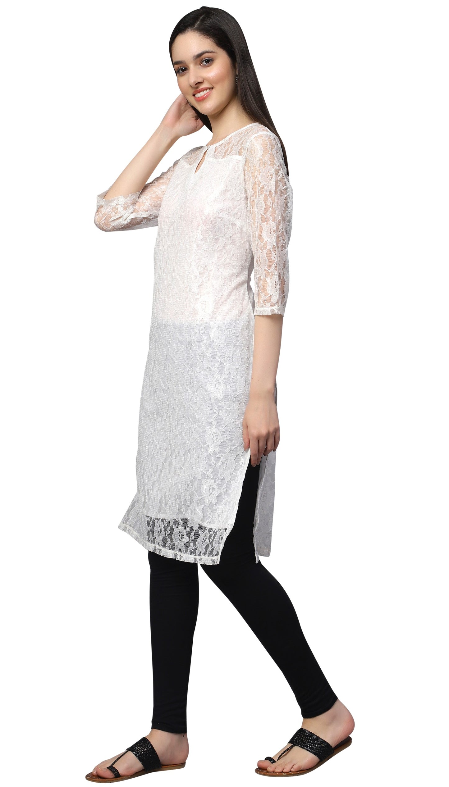 NUEVOSDAMAS Women Floral Lace Net Self Design White Kurti