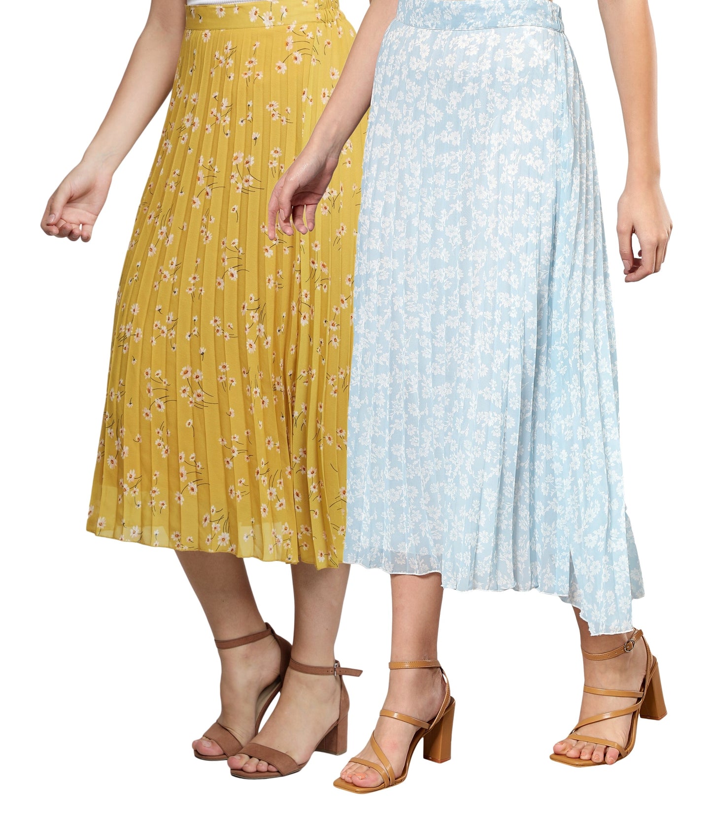 Women Georgette Floral Printed Skirts-Pack of Two-Yellow and Sky Blue