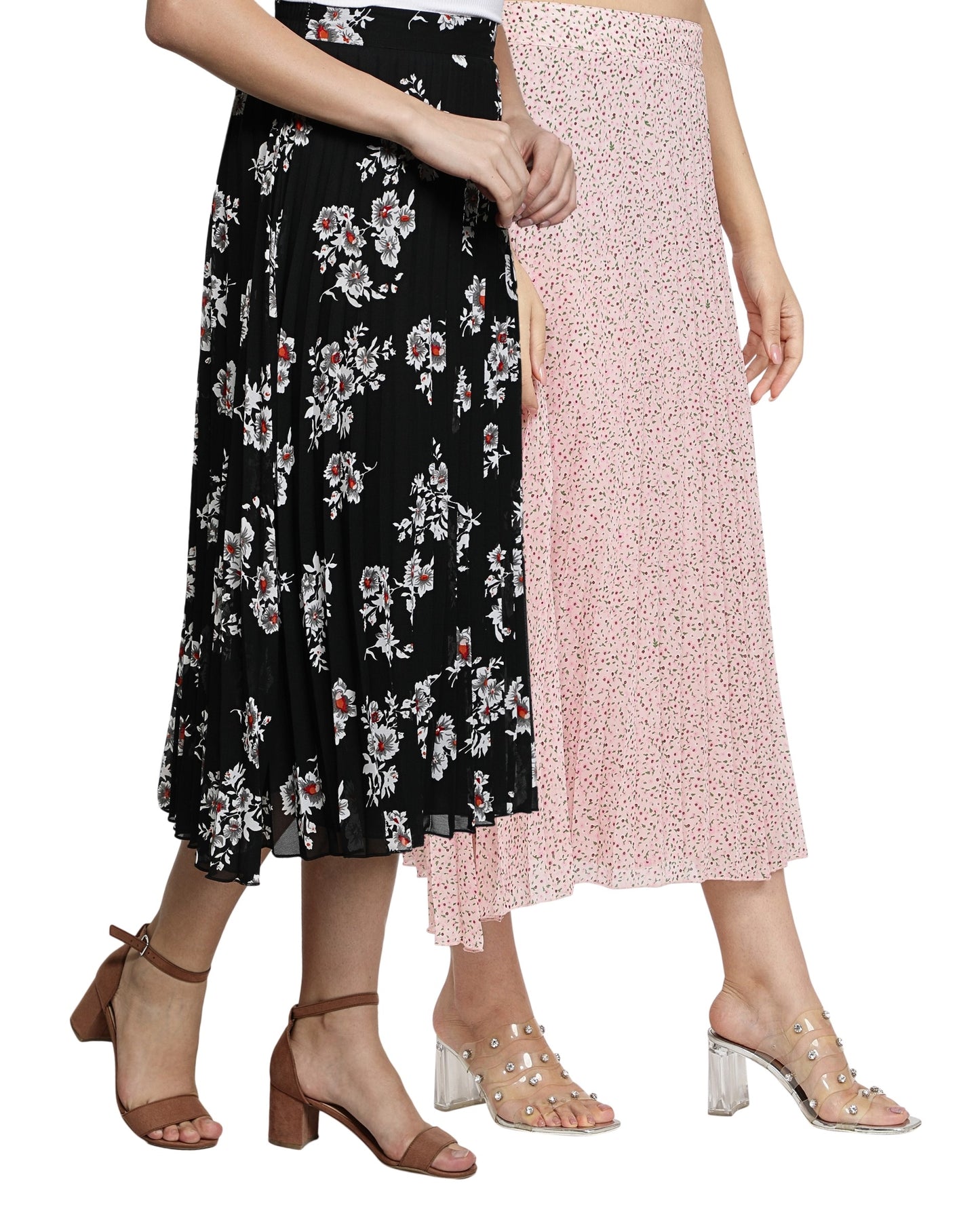 NUEVOSDAMAS Women Georgette Floral Printed Skirts-Pack of Two-Pink and Black