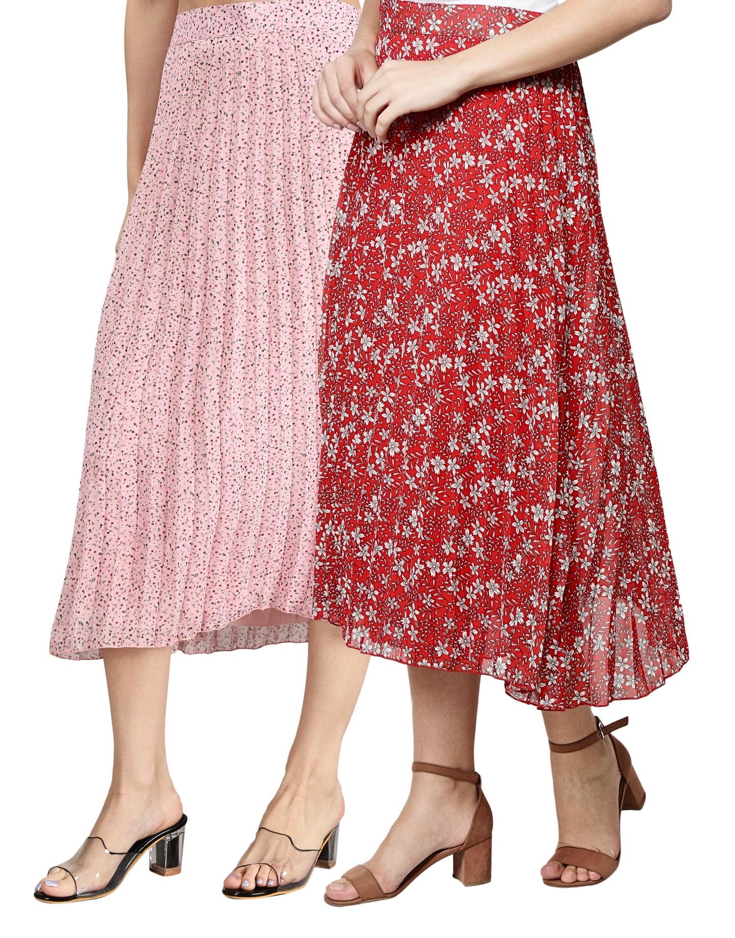 NUEVOSDAMAS Women Georgette Floral Printed Skirts-Pack of Two-Pink and Red