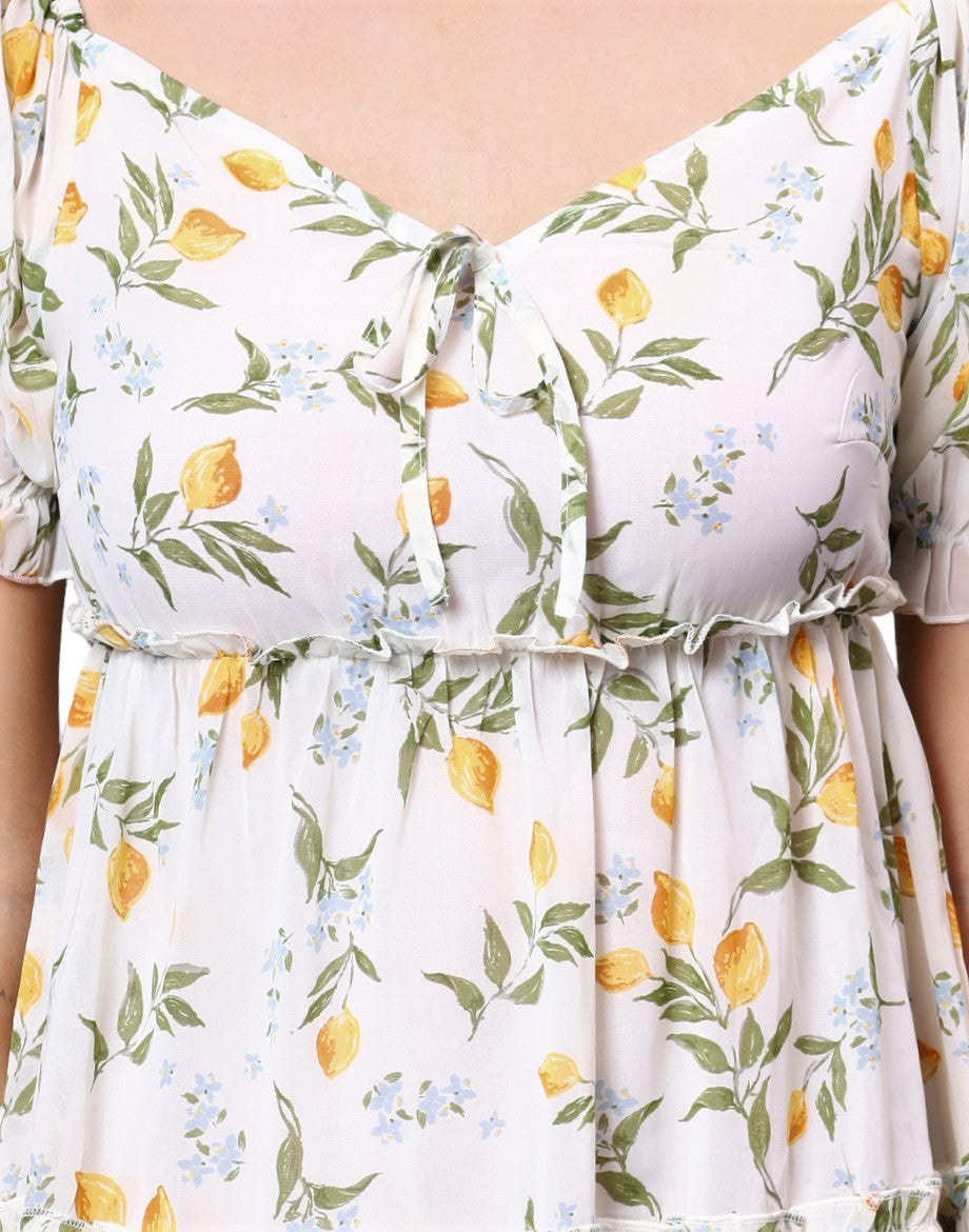 NUEVOSDAMAS Women Floral Printed Fit & Flare Off White Midi Dress