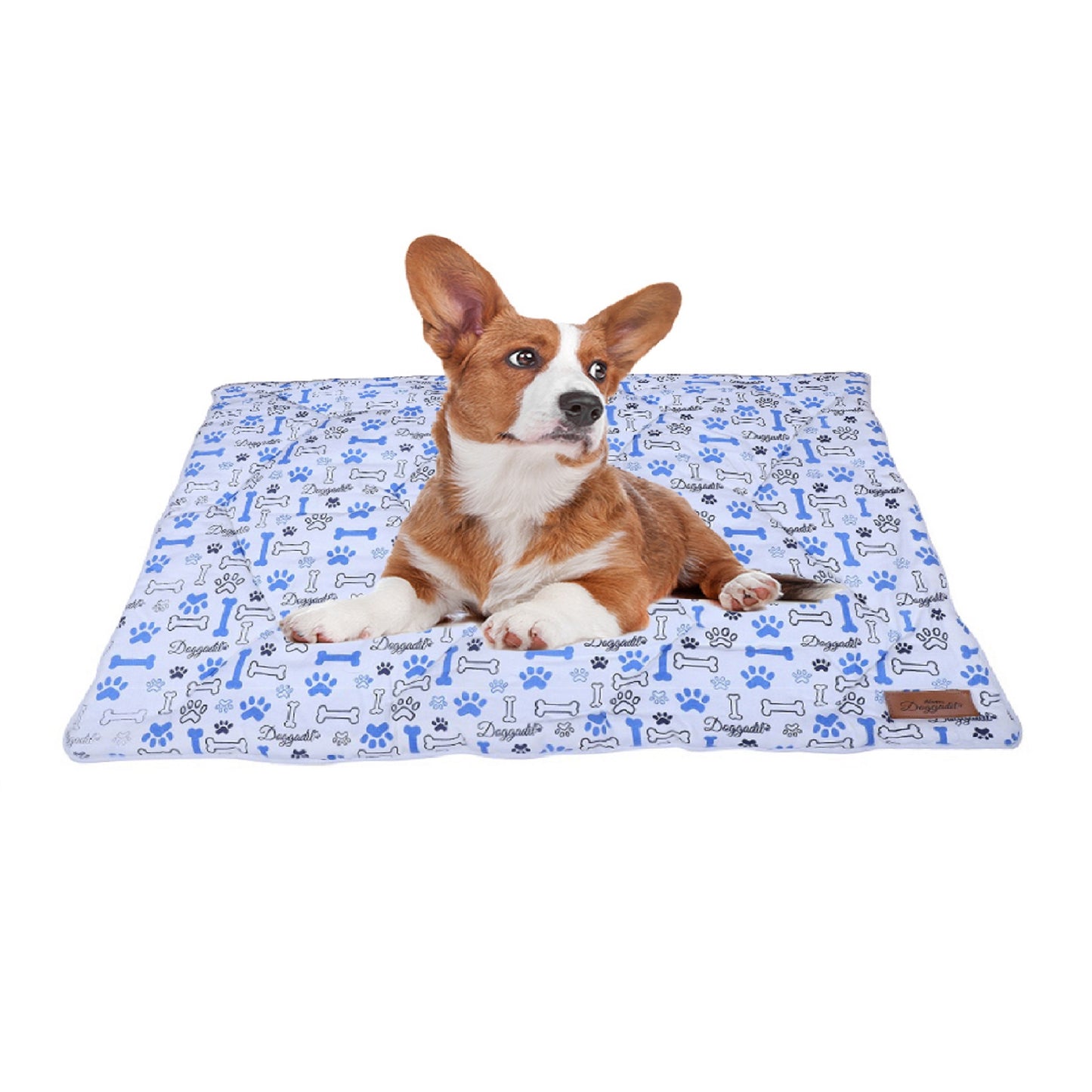 NUEVOS DOGGADIL Cotton Canvas Quilted Bone and Paw Print Rectangle Cat Dog Pet Bed Mattress| Foldable Pet Mat| Anti-Slip Machine Washable Pet Mats for Sleeping Relaxing, WHITE/ BLUE