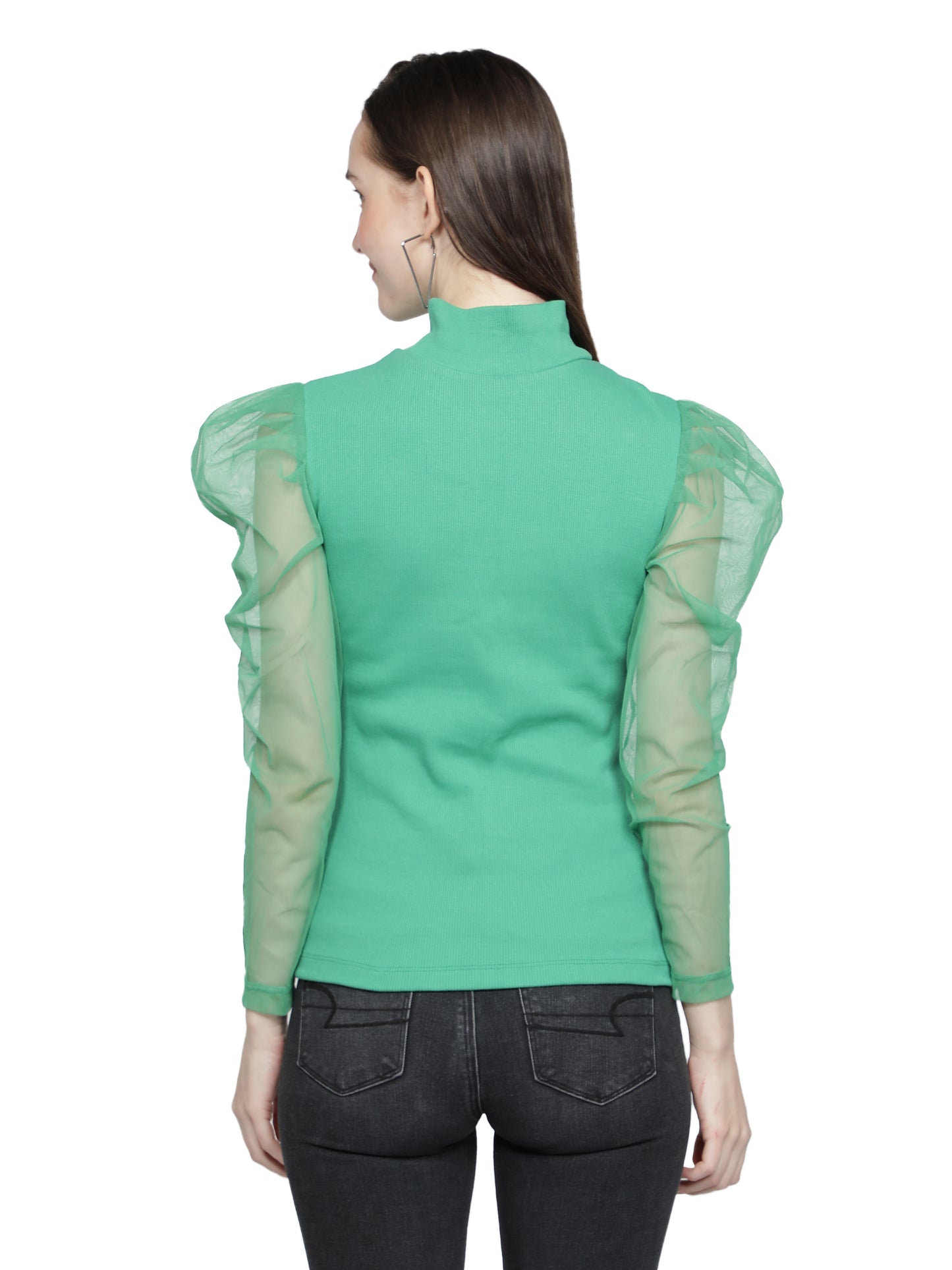 Women Roll-Up with Net Sleeves Ribbed Solid Green High Neck Tops Turtle Neck Top for Women