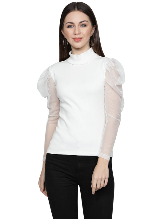 Women Roll-Up with Net Sleeves Ribbed Solid White High Neck Tops Turtle Neck Top for Women