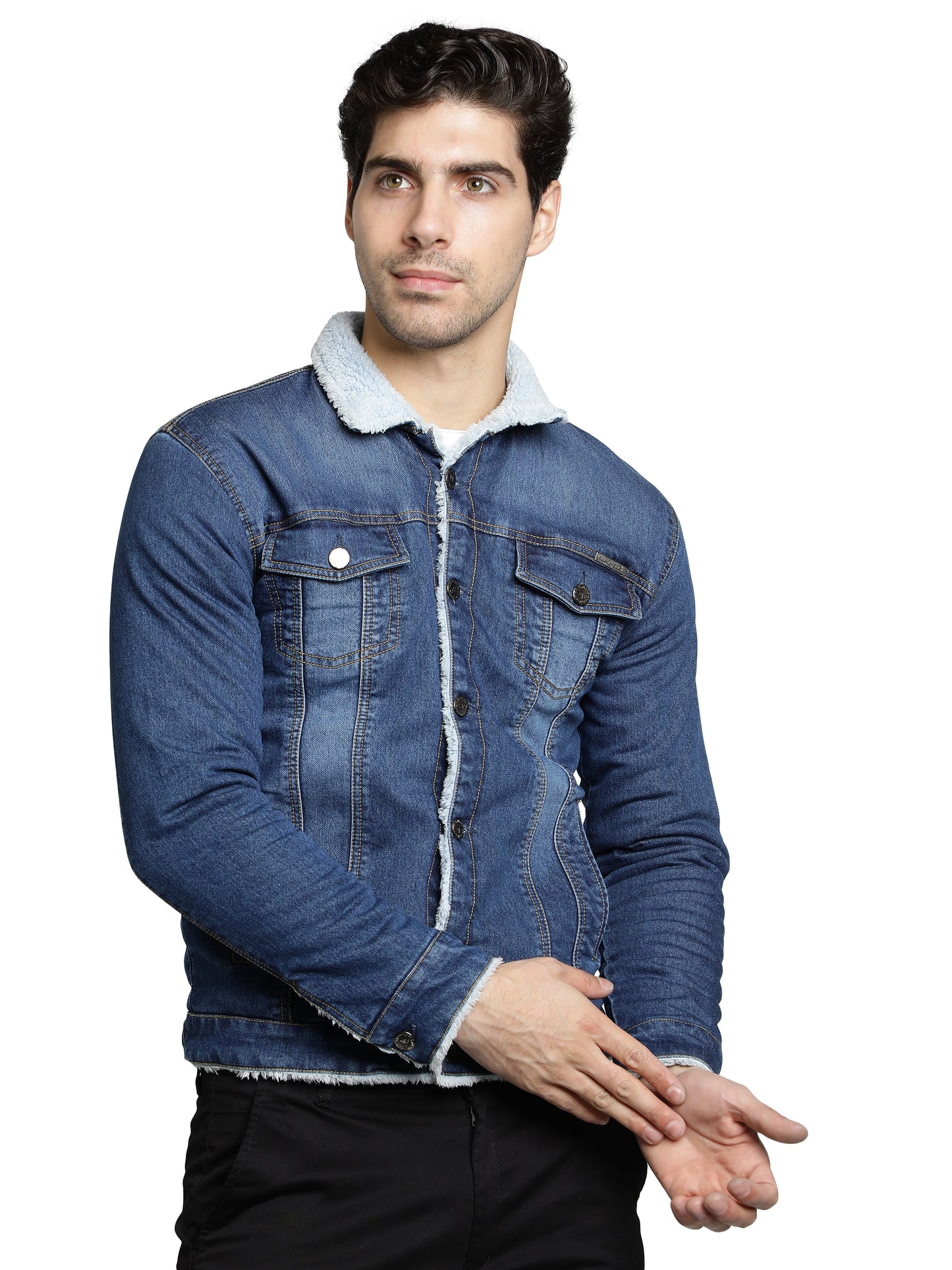NUEVOSPORTA Men's Winter Wear Faux Fur Blue Denim Jacket