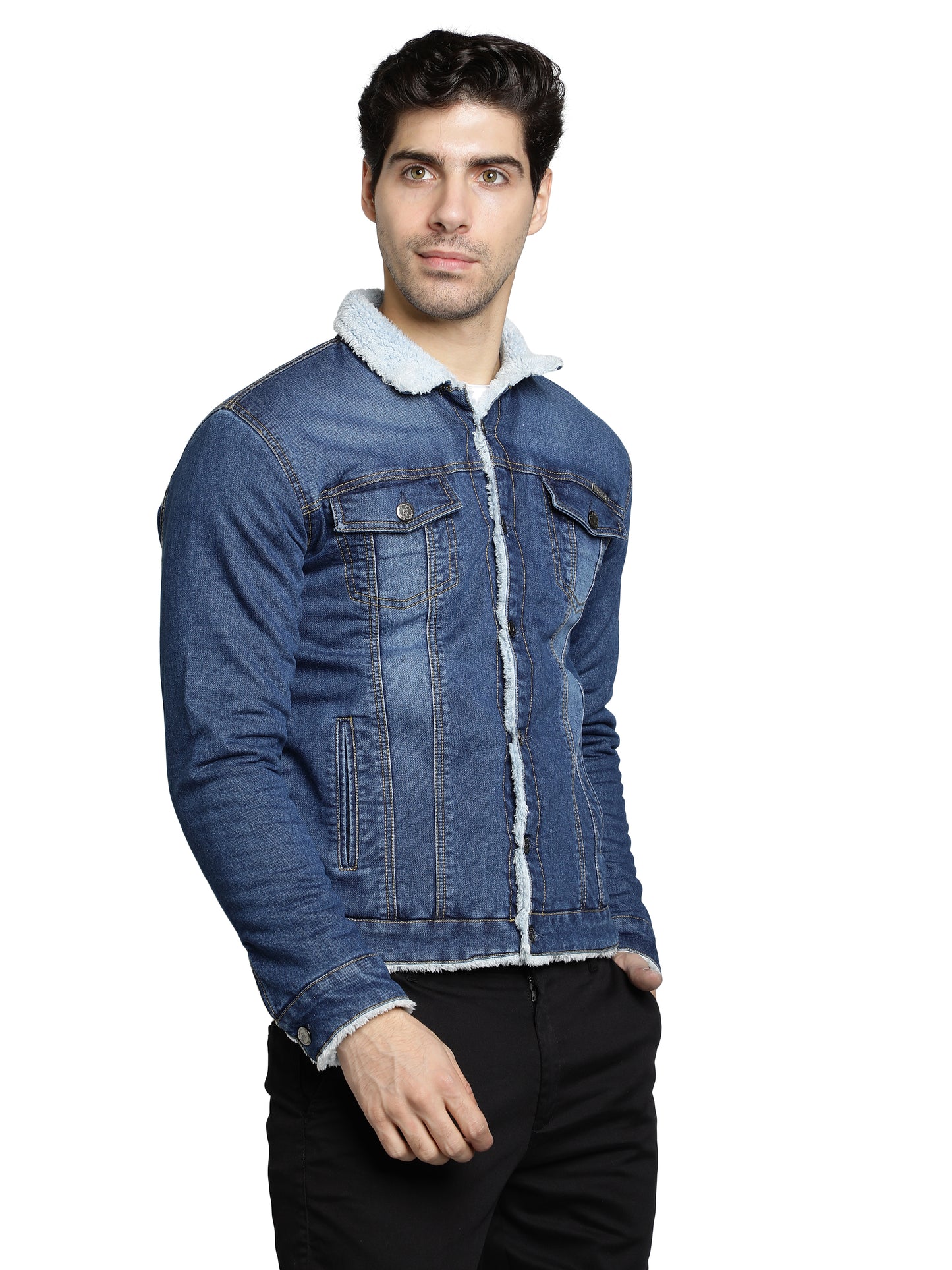 NUEVOSPORTA Men's Winter Wear Faux Fur Blue Denim Jacket
