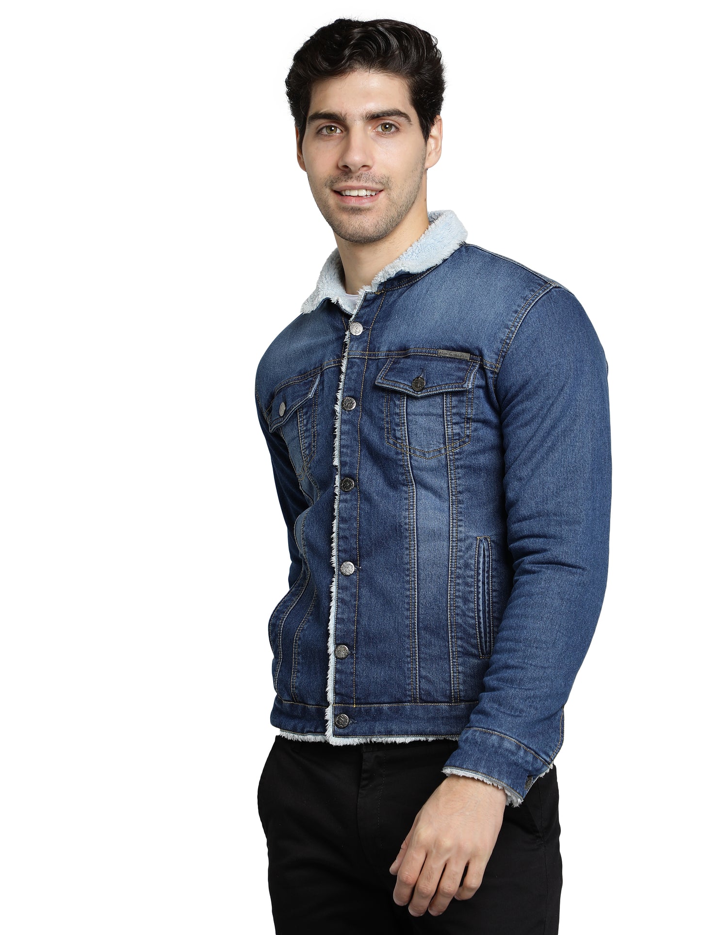 NUEVOSPORTA Men's Winter Wear Faux Fur Blue Denim Jacket