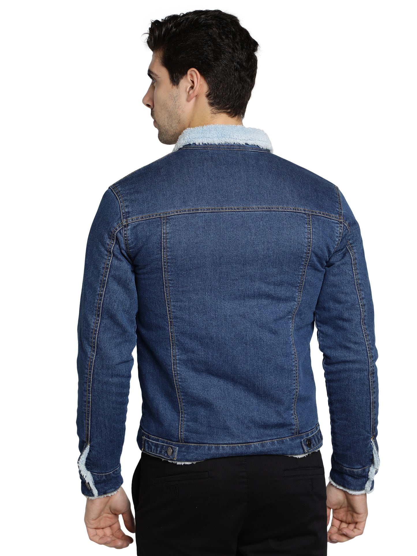NUEVOSPORTA Men's Winter Wear Faux Fur Blue Denim Jacket