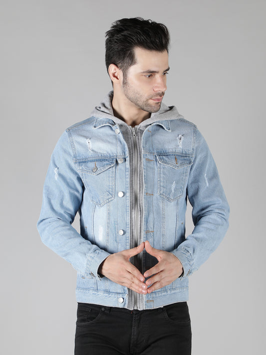 NUEVOSPORTA Men's Blue Denim Jacket With Hooded Grey Terry